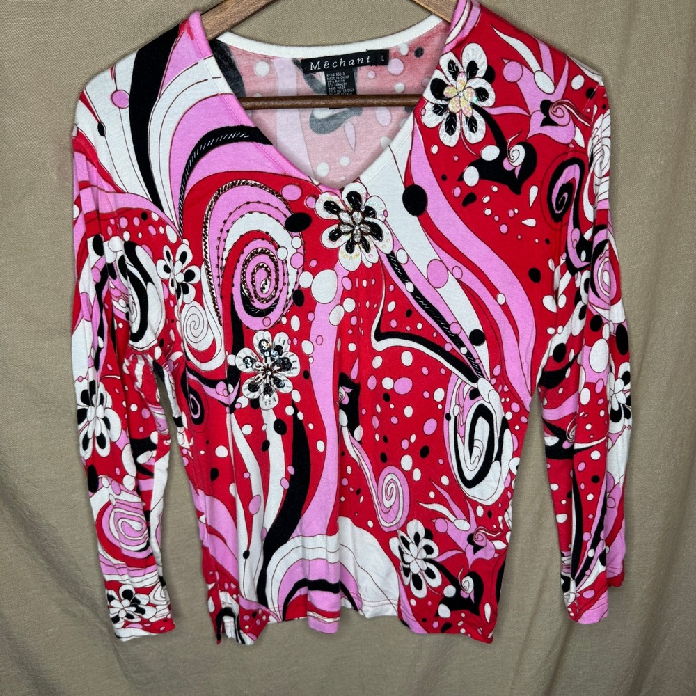 Whimsy Womens Large Psychedelic Floral Beaded V-Neck Long Sleeve Top Red Pink